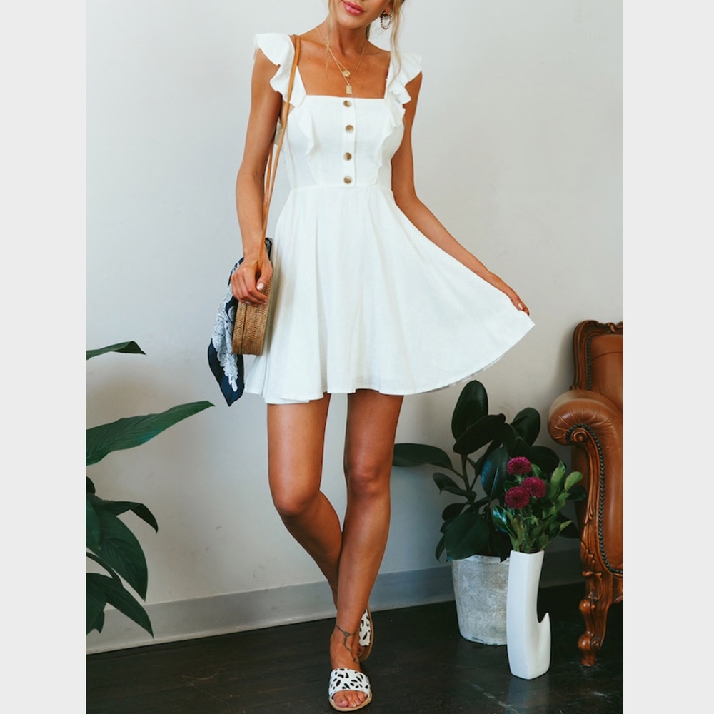 Fit And Flared White Button Detailed Mini Dress - Picture 2 of 8